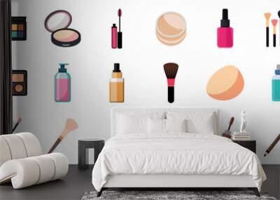 Makeup Icons set, vector flat cartoon illustration. Cosmetics - lipstick, eyeshadow palette, nail polish, brushes, compact powder, lip gloss. Wall mural