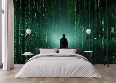 Man lost in computer code. Human against artificial intelligence. Personal data concept Wall mural