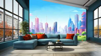 Metropolis, big city road landscape illustration in cartoon style. Scenery background. Wall mural