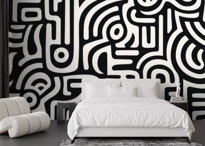 Perfectly seamless pattern, vector repeated abstract african texture. Tribal shapes background, black and white monochrome wallpaper Wall mural