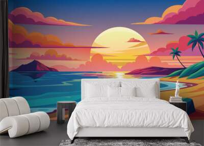 Tropical beach sunset with palm trees and ocean horizon, vector cartoon illustration. Wall mural