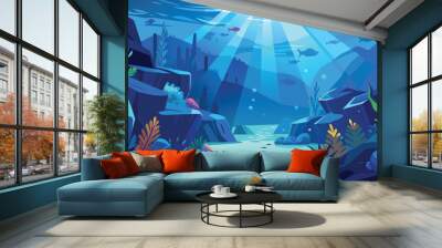 underwater ocean scene with marine life, vector cartoon illustration. Wall mural