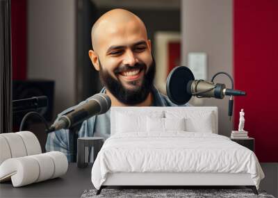 Bald hispanic man with beard recording in a modern studio using microphone and script isolated with white highlights, png Wall mural