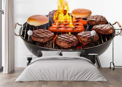 Bbq grill with sizzling burgers and hot dogs isolated on white background, studio photography, png
 Wall mural