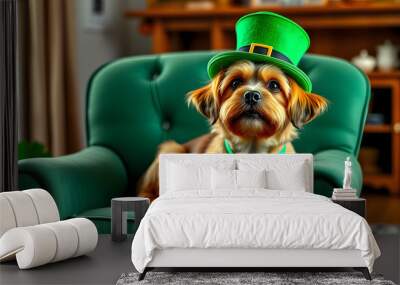 Cute dog with green hat on armchair at home. St. Patrick's Day celebration isolated with white highlights, png Wall mural