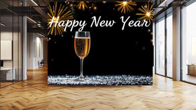 Happy New Year. Champagne bottle with two glasses,sparkling Glitter with copy space. New Years Eve celebration concept background isolated with white highlights, png Wall mural