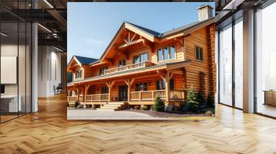 Large wooden new American  house exterior with chalet mountain cedar home style isolated with white highlights, png Wall mural