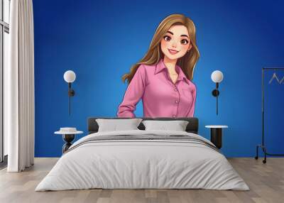 Photo of adorable lovely girl wear glamour shirt showing arm empty space isolated blue color background isolated with white highlights, png Wall mural