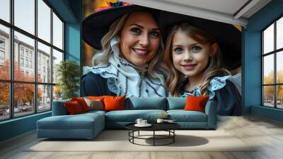 Portrait of mother and daughter in witch costumes in autumn forest isolated with white highlights, png Wall mural