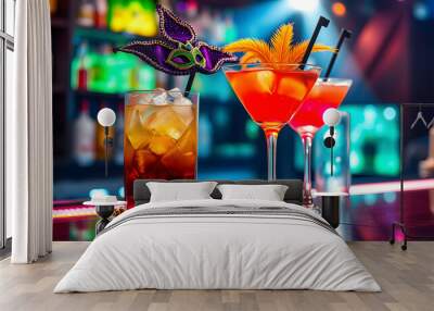 Still Life, Mardi Gras themed cocktails, close-up shot, bar counter, party night, vivid bar lights isolated with white highlights, png Wall mural