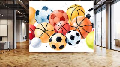 Watercolor sport set, various balls for sport games, isolated on white background. For sport products, school, card etc isolated with white highlights, png Wall mural