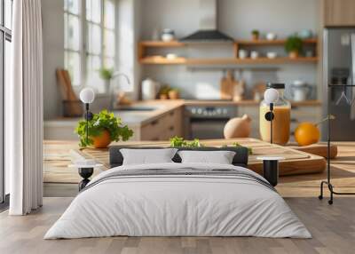 Wooden table background with wooden cutting board with space for products. Blurred kitchen interior and natural sunlight coming through the window isolated with white highlights, png Wall mural