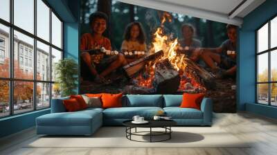 Group of happy campers roasting marshmallows while sitting around bonfire, Generative AI Wall mural