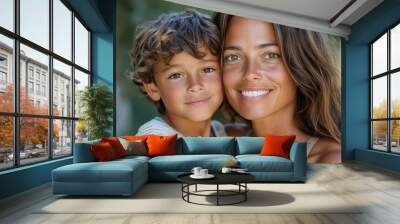 Hes still her little boy. A mother and son looking at the camera, Generative AI Wall mural