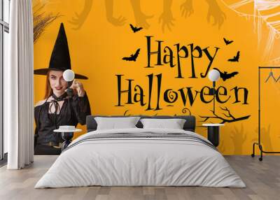 Advertising banner for Halloween party with young witch Wall mural