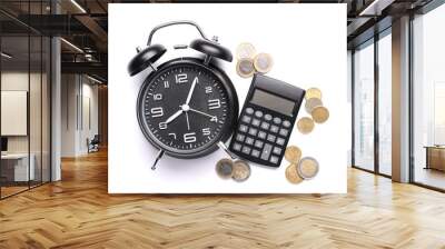 Alarm clock with calculator and money on white background Wall mural