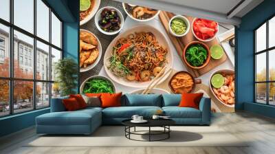 Assortment of Chinese food on white table Wall mural