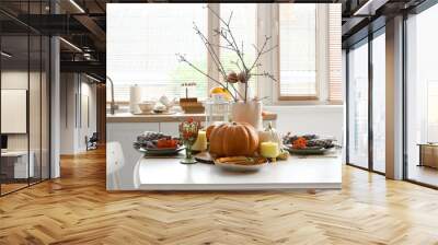 Autumn table setting with pumpkins in kitchen Wall mural