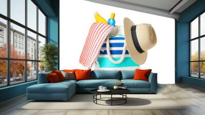 Bag with beach accessories on white background Wall mural