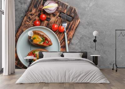 Baked sweet potato with egg and tomato on grunge background Wall mural