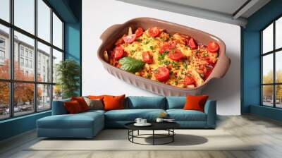 Baking dish of pasta with tomato sauce and cheese on grey background Wall mural