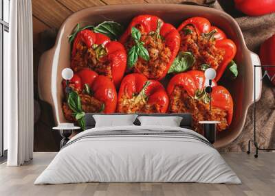 Baking dish with tasty stuffed pepper on table Wall mural