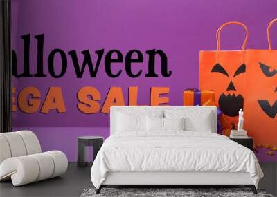 Banner for Halloween sale with shopping bags and gifts Wall mural