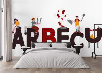 Banner with word BARBECUE and different happy people on white background Wall mural