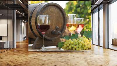 barrel and glasses of tasty wine and ripe grapes on table in vineyard Wall mural