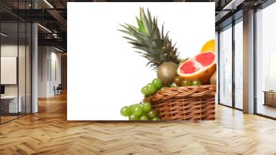 Basket with fresh fruits on white background with space for text Wall mural