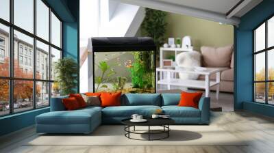 Beautiful aquarium on table in room Wall mural