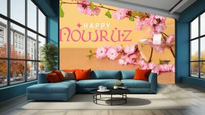 Beautiful greeting card for happy Novruz Bayram with blooming spring branches Wall mural