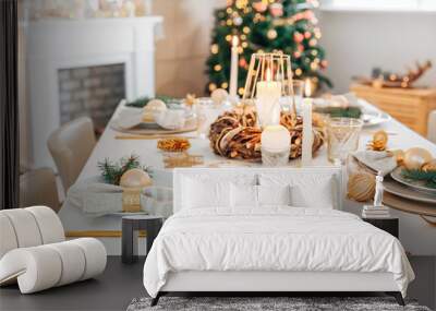 Beautiful table setting with Christmas decorations in living room Wall mural