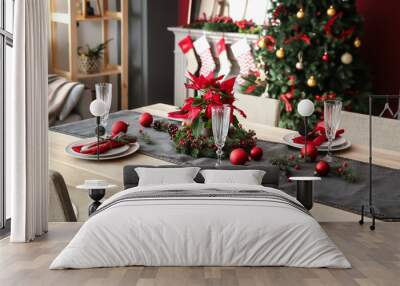 beautiful table setting with christmas decorations in living room Wall mural