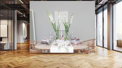 Beautiful table setting with white Gladiolus flowers and burning candles in room Wall mural