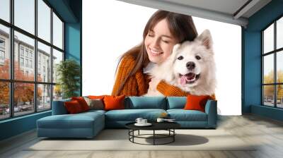 Beautiful woman with cute dog on white background Wall mural