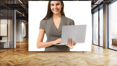 Beautiful young businesswoman with laptop on white background Wall mural