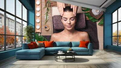 Beautiful young woman receiving massage in spa salon Wall mural