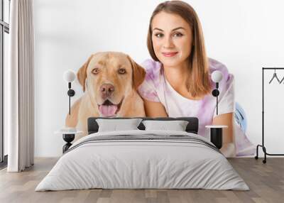 Beautiful young woman with cute dog on white background Wall mural