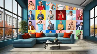 Big collage of different men on color background Wall mural