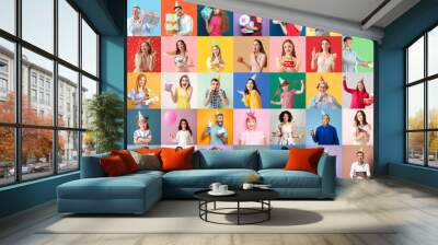 Big collage of different people celebrating Birthday on color background Wall mural