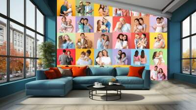 Big collage of hugging people on color background Wall mural