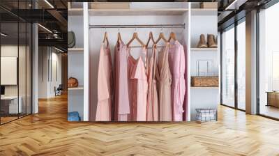 Big wardrobe with different stylish clothes and accessories in dressing room Wall mural