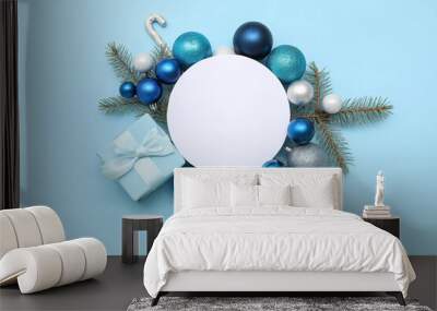 Blank card and Christmas decor on blue background Wall mural