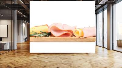 Board with tasty slices of ham, cheese and rosemary isolated on white background Wall mural