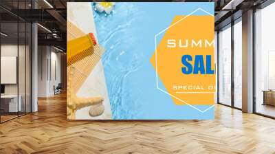 Bottle of fresh drink on edge of swimming pool. Poster for summer sale Wall mural