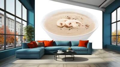 Bowl of tasty mushroom cream soup on white background Wall mural