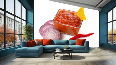 Bowl of tasty salsa sauce and ingredients on white background Wall mural