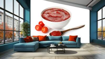 Bowl of tasty tomato sauce on white background Wall mural