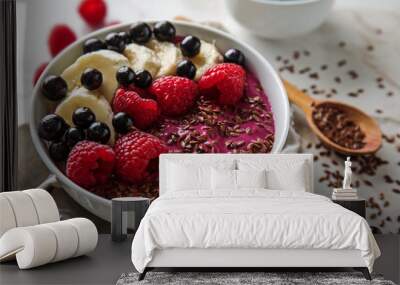 Bowl with tasty acai smoothie on light table Wall mural